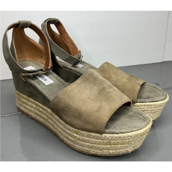 Steve Madden Size 8.5 Genuine Suede Apolo Espadrille Wedge Sandals Gray/Grn NWOT - Picture 1 of 8